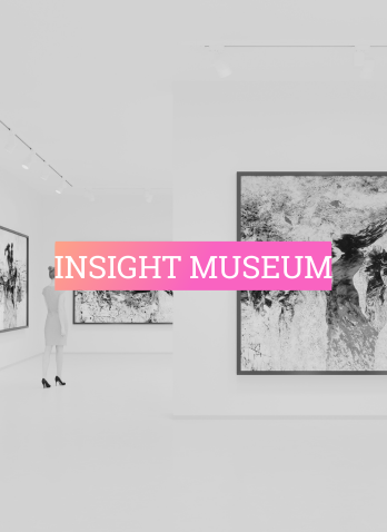 "Insight Museum" text with black and white photo of person at art museum